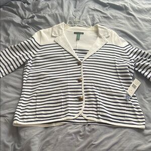 Lauren Ralph Lauren White and Navy Striped Button Down Shirt